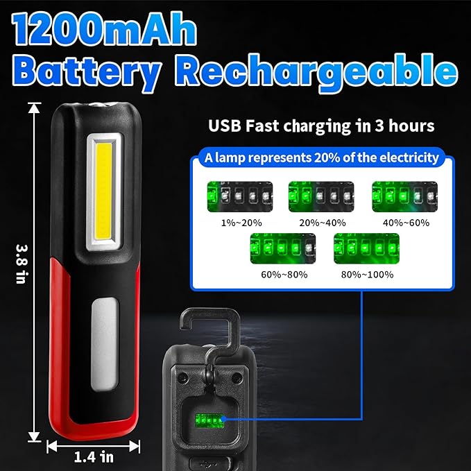 2 PCS Rechargeable LED Flashlight Magnetic Light, Portable Work Light Trouble Lights Lamp for Mechanics, Compact Reliable and Super Bright Flash Light for Tool Gifts for Men(Red)