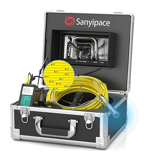 Sanyipace Sewer Camera 100FT/30M with 512Hz Transmitter, Drain Camera Pipe Inspection Camera with Self-Leveling, Clear Meter Marks, IP68 Waterproof, 9" HD Color Screen, Video Record up to 128GB