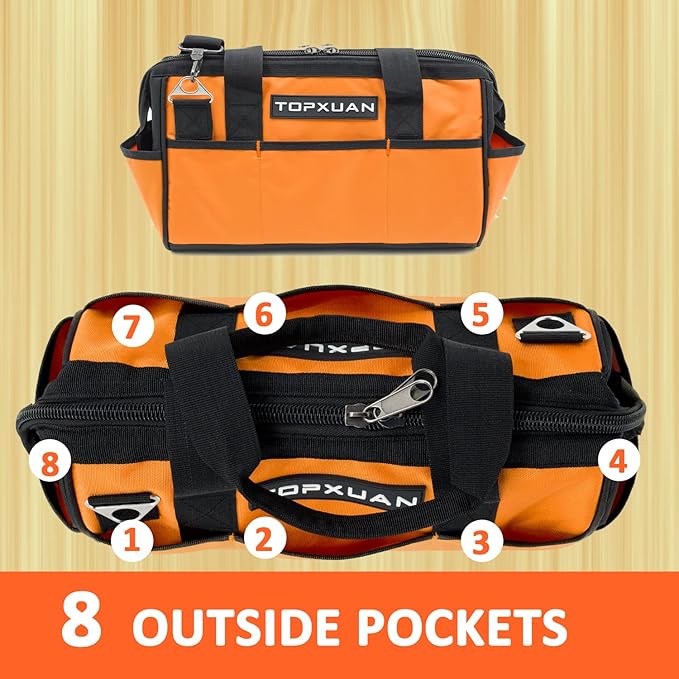 Tool Bag 13 Inch Waterproof Orange Tool Organizer with Wide Mouth and Shoulder Strap for Power and Small Hand Tools Oxford Cloth Fabric(18 Pockets)