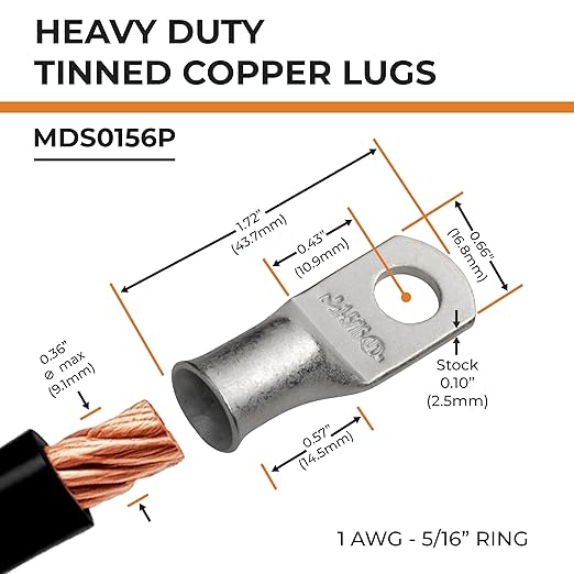 SELTERM 10pcs 1 AWG-5/16 Stud Tinned Copper Wire Lugs, Heavy Duty Cable Ends, 1 Gauge Ring Terminals, UL Battery Lugs Marine Grade Copper Eyelets Electrical Terminal Connectors