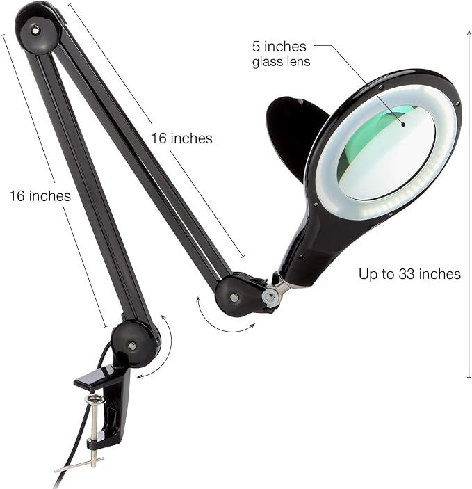 Brightech LightView PRO Magnifying Desk Lamp, 2.25x Light Magnifier, Adjustable Magnifying Glass with Light for Crafts, Reading, Close Work - Black
