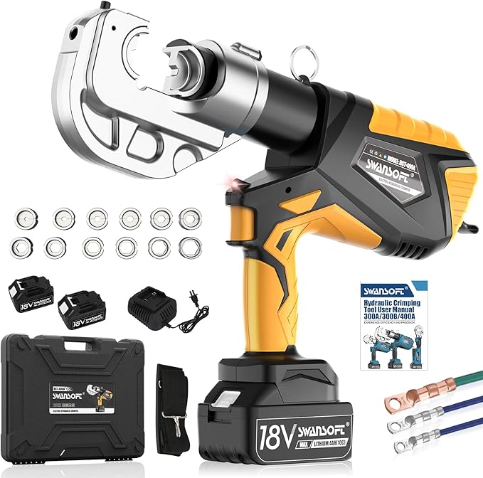 SWANSOFT Electric Hydraulic Cable Lug Crimping Tool, 12Ton 6AWG-800MCM Rechargeable Hydraulic Crimper for Cu/Al Terminal, Continuously Crimp Wire Crimping Tool Kit with 12 Dies,Yellow(HCT-400A)