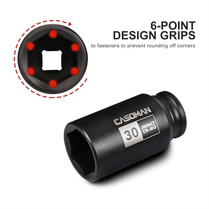 CASOMAN 1/2" Drive x 30 mm Deep 6 PT Impact Socket, CR-MO, 1/2-inch Drive 6 Point Axle Nut Socket for Easy Removal of Axle Shaft Nuts (30MM)
