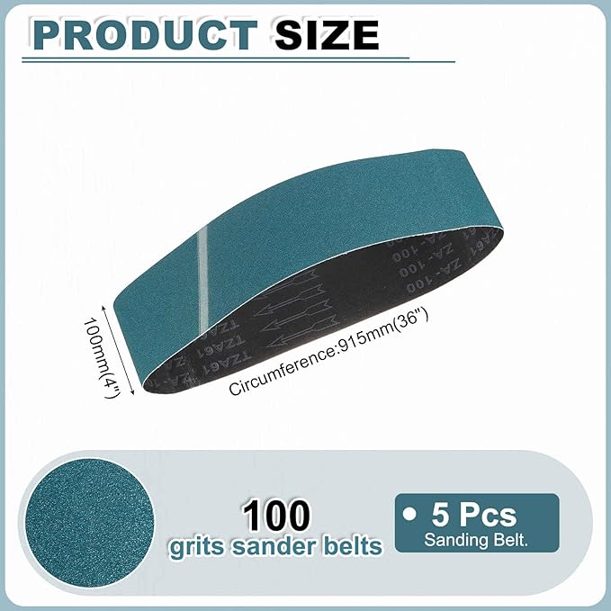 HARFINGTON 4 x 36 Inch Sanding Belts, 5 Pcs 100 Grit Zirconia Abrasive Belt Sander File Belt for Woodworking, Metal Polishing, Knife Sharpener