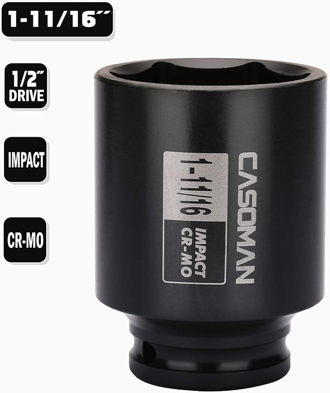CASOMAN 6-Point 1/2-Inch Drive Deep Impact Socket- 1-11/16" (SAE), CR-MO, 1/2-inch Drive 6 Point Axle Nut Socket for Easy Removal of Axle Shaft Nuts (1-11/16")