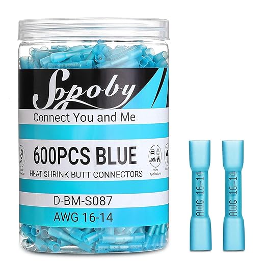 Sopoby 600PCS Heat Shrink Butt Connectors Blue 16-14 AWG-Tinned Red Copper Marine Grade Butt Connectors - Wire Splice Connectors- Waterproof Electrical Connectors for Marine,Boat,Stereo