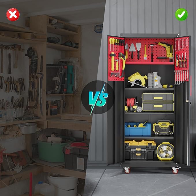 71" Metal Garage Storage Cabinet, Metal Garage Cabinets with Wheels,Tool Storage Cabinet with 5 Adjustable Shelves, Locking Steel Tool Cabinets for Home,Basement,Warehouse