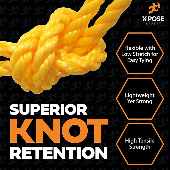 Yellow Twisted Polypropylene Rope, 1/4" Thickness x 100' Length Heavy Duty Poly Ropes for Outdoor and Marine Use, Yellow Rope for Visibility & Safety