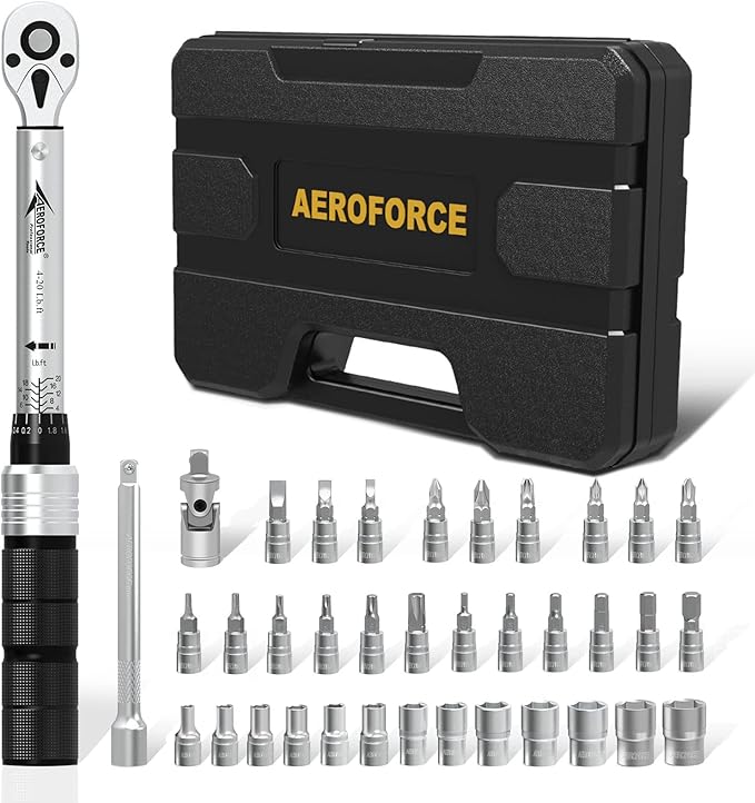 AEROFORCE 1/4 inch 37Pcs Drive Click Torque Wrench Set（4-20 Lb.ft/5.4-27.2 Nm）,Dual-Direction Reversible 1/4" Bike Torque Wrench with Extension Bar, Sockets&Universal Joint, Maintenance Kit for MTB.
