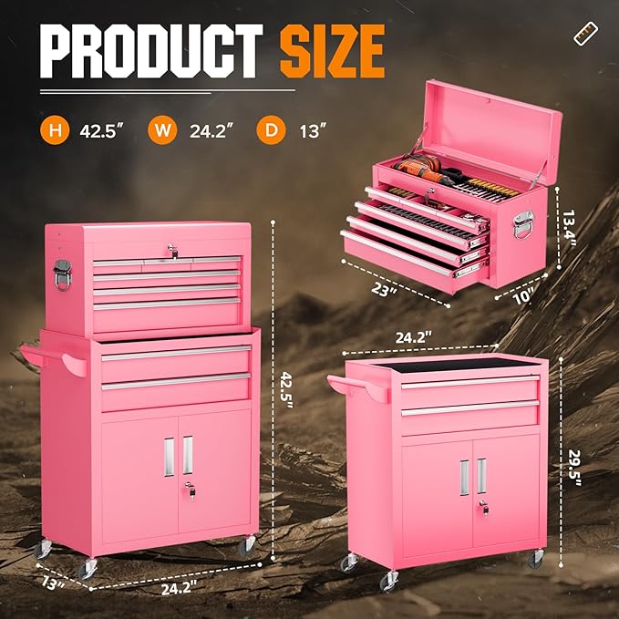Crownland 8-Drawer Rolling Tool Chest with Wheels, Lockable 2 in 1 Detachable Tool Cabinet wit Drawers and Black Liners, Garage Top Toolbox & Bottom Storage Cart with Side Hooks(Pink)