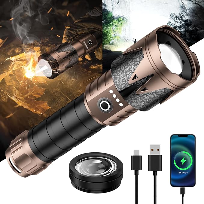 SKYFIRE LED Flashlights High Lumens with Ignition Lens,5000 Super Bright Tactical Flashlights,Zoomable,Five Modes,Waterproof Flash Light for Camping Essentials,Outdoor,Home Emergency-Upgraded