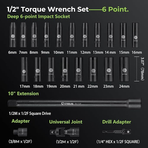 1/2" Drive Click Torque Wrench with Deep Impact Socket (6~24mm),Dual-Range【10-170ft.lb/13.6-230.5Nm】±3% Precision,10" Extension Bar,Universal Joint,Drill Adapter
