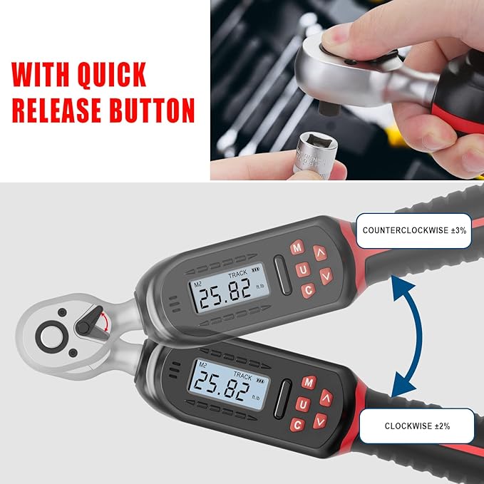 3/8 Inch Digital Torque Wrench with Preset Values, 2.2-44.3 Ft-lbs/3-60Nm, Buzzer and LED Notification, Small Electronic Torque Wrench for Motorcycles