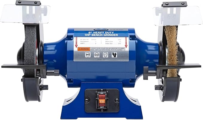 Eastwood 8 Inch Heavy Duty 1HP Bench Grinder | Industrial Grade High Precision Bench Grinder | Includes 8" Grinding Wheel & Crimped Wire Wheel with 3450 RPM Motor | Easy to Remove Wheel Guard Sides