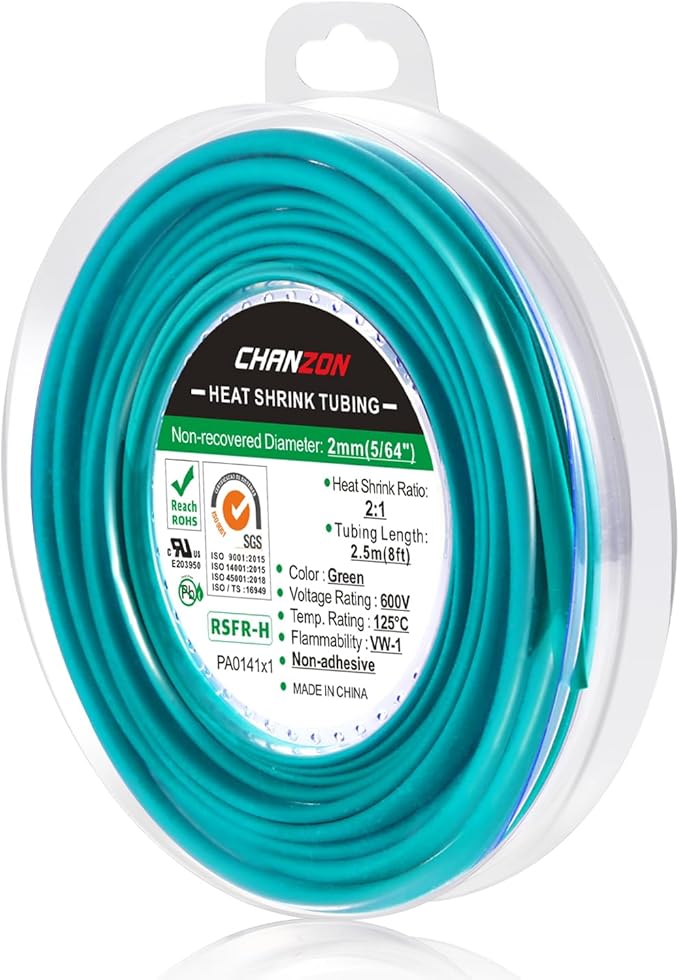 Chanzon 2:1 Ratio 5/64" (2mm) Heat Shrink Tubing 8Ft Roll (2.5M Total Length) Green Polyolefin Sleeving Wrap Shrinking 2 to 1 1pcs