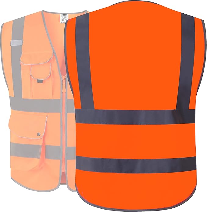 JKSafety 9 Pockets Class 2 High Visibility Zipper Front Safety Vest With Reflective Strips, Meets ANSI/ISEA Standards (150-Orange XL)