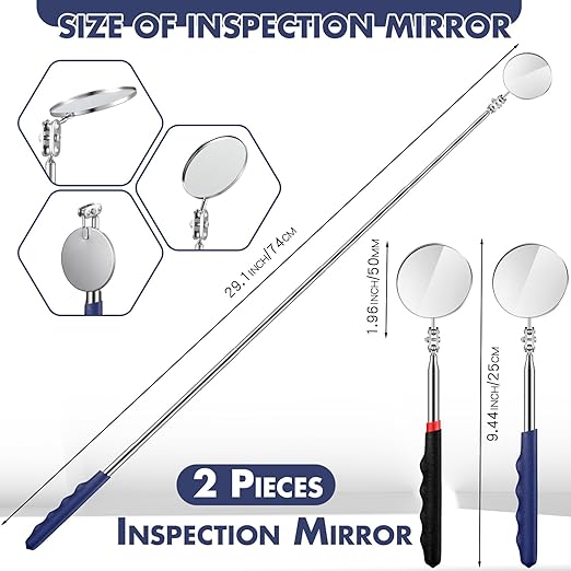 2 Pcs Telescoping Inspection Mirror,29 Inch Mechanics Mirror Tool with Long Handle, Round Extendable on a Stick for Technician Mechanics Contractor Checking(Black,Blue,50mm Round)