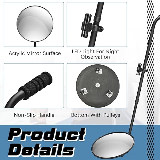 Barydat 2 Pack Under Vehicle Inspection Mirror with Telescoping Handle and Light 12 Inch Diameter Security Angle Adjustment Handheld Inspection Mirror for Under Car Truck Equipment Over Shelf