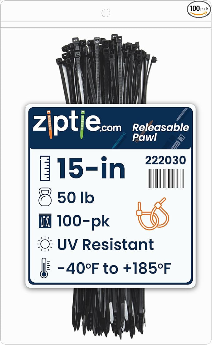 ZipTie.com 15-Inch Black Releasable Pawl Zip Ties - 50-lb Tensile Strength Cord Management - UL Listed Reusable Cable Ties - UL 21 Listed, UV Resistant, Indoor & Outdoor Multi-Purpose (100-Pack)
