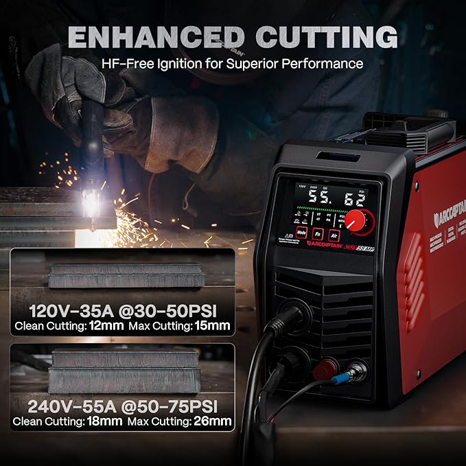 ARCCAPTAIN iControl [Non-HF] Plasma Cutter CUT55 MP with APP Control, 55Amp Blowback Pilot Arc, 120V/240V, Upgraded LED Display, Grid Cutting, Rust Removal, Plasma Gouging, Pressure Detection