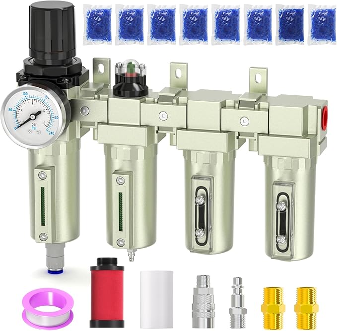 Industrial Grade 4-Stage Air Drying System, 1/2" NPT with Auto Drain, Desiccant Dryer, air Regulator, Particulate Filter and Coalescing Filter for Paint Spray, Plasma Cutter