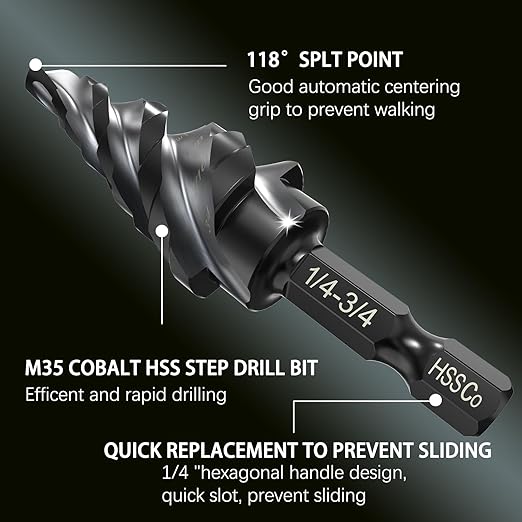 M35 Cobalt Step Drill Bit - 1/4" to 3/4"(9 Sizes)- Unibit Four Spiral Flute - 1/4" Hex Shank - Metal Drilling Bit: High Strength,Durability, Efficient