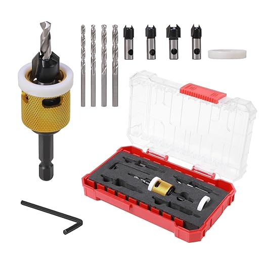 Generic 5 Count Carbide Tipped Countersink Drill Bit Set with Low Friction Depth Stop, 1/4" Quick Change Hex Shank for Wood, Plastic, Woodworking