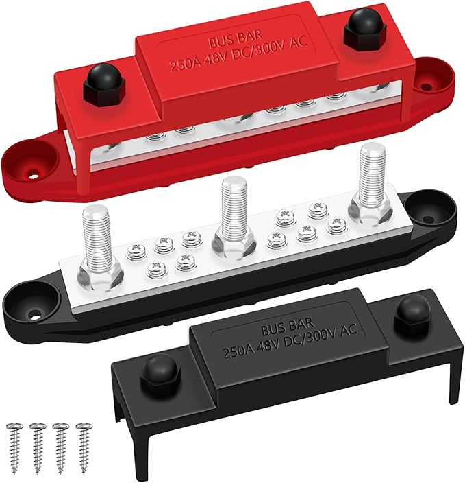250A Power Distribution Block, 12V Bus Bar Marine 5/16" Stud, Busbars 12 Volt DC Battery Buss Bar, Automotive Busbar Terminal Block with Cover for Car and Boat (Black+Red)