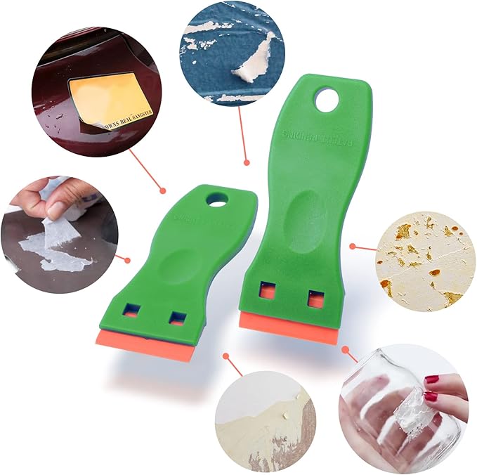 FOSHIO Plastic Razor Blade Scraper Include 2PCS Scraper Tool and 100PCS Blades for Gasket Remover, Labels Decal and Adhesive Remover for Windows and Glass,Green