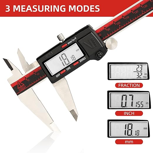 VINCA IP54 Grade Digital Caliper, DCLA-0805 8 Inch/200mm, Inch/Millimeter/Fractions Conversion, Stainless Steel, Large LCD Screen