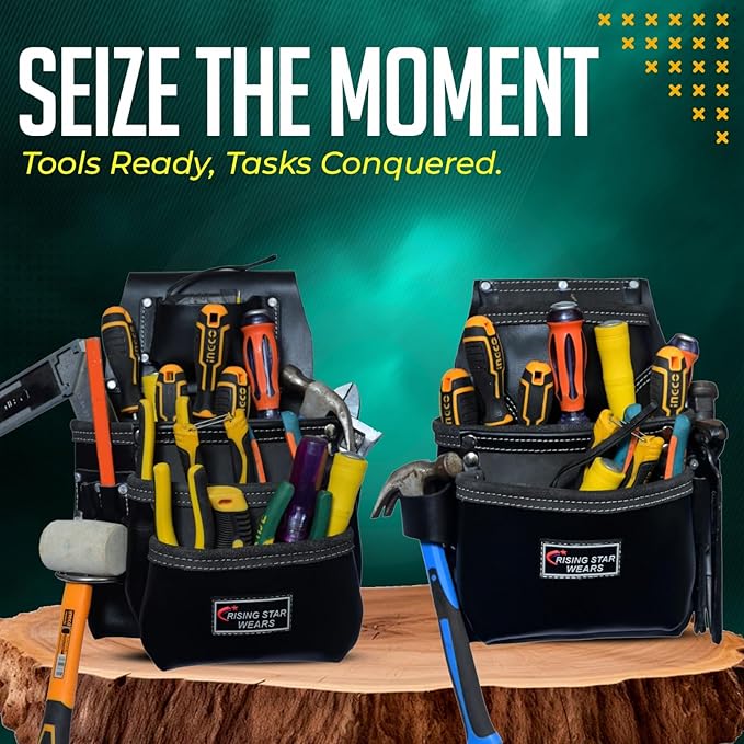 RISING STAR WEARS PURE BLACK LEATHER TOOL BELT POUCH PERFECT FOR CARPENTERS, PLUMBERS, ELECTRICIANS, GARDENERS AND CONSTRUCTION WORKERS MULTIPURPOSE 18 POCKETS POUCH WITH FRAMING TOOL BAGS