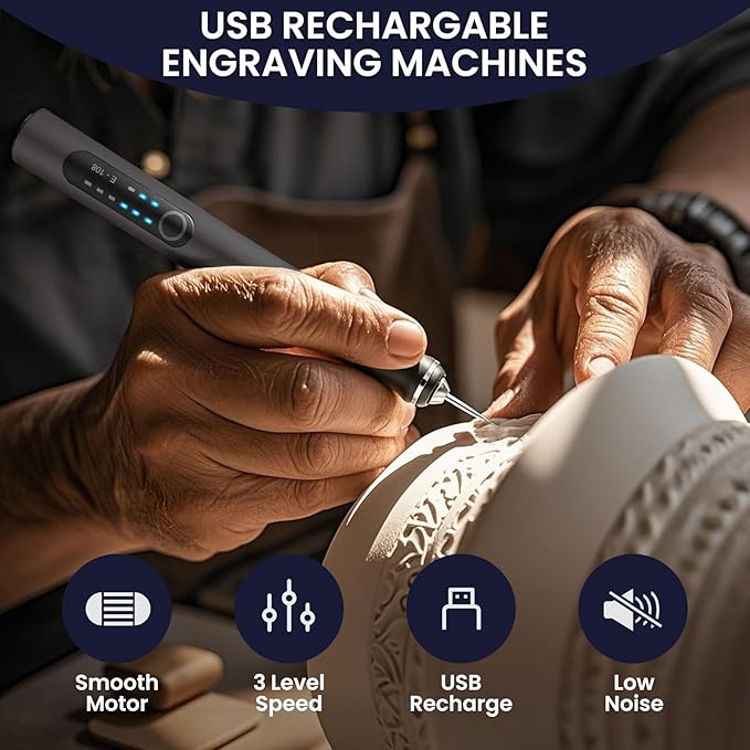Electric Engraving Pen with 37 Bits, USB Rechargeable Cordless Etching Engraving Tool, Portable DIY Rotary Engraver for Jewelry Wood Glass Stone Carving (Black)
