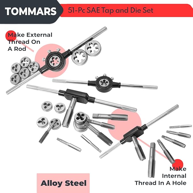 TOMMARS 51-Pc 1/4-20 to 1-14 Jumbo Tap and Die Set SAE Round Threading Dies for Threading and Rethreading Internal and External Threads