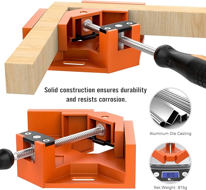 Right Angle Clamp, Housolution [4 PACK] Single Handle 90° Aluminum Alloy Corner Clamp, Right Angle Clip Clamp Tool Woodworking Photo Frame Vise Holder with Adjustable Swing Jaw - Orange