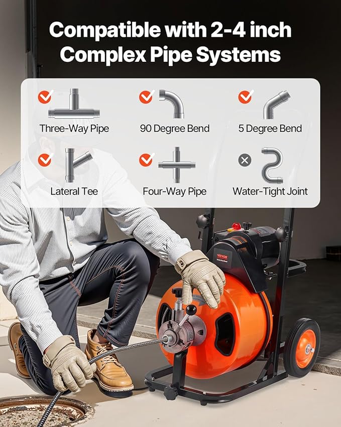 VEVOR 100 FT x 1/2 Inch Drain Cleaner Machine, Sewer Snake Auger Auto Feed with 4 Cutter & Air-activated Foot Switch for 2" to 4" Pipes, Orange, Black