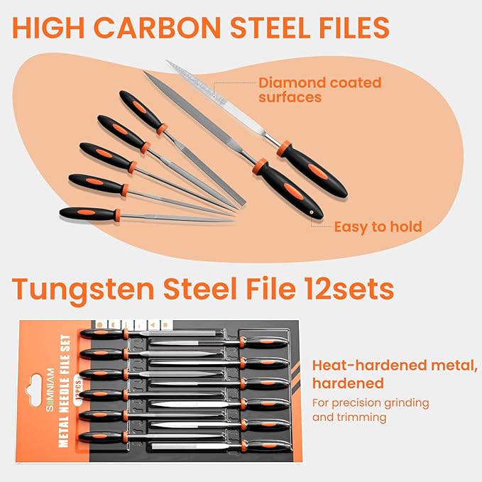 Simniam 12Pcs Metal File Set, Premium Grade T12 Drop Forged Alloy Steel, Mini File Set Contains 6Pcs Diamond Needle Files, 6 Pcs Carbon Steel Needle Files, Perfect for Sanding Wood, Metal & DIY