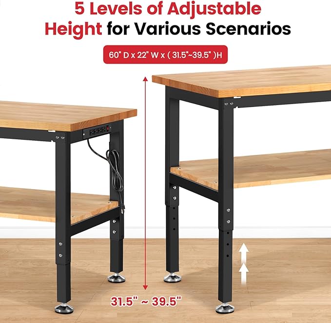 Adjustable Height Work Bench 60x 22 Workbench for Garage Work Table with Under Table Shelf for Shop Woodworking, Heavy Duty Rubber Wood Top for Office, Home, Commercial