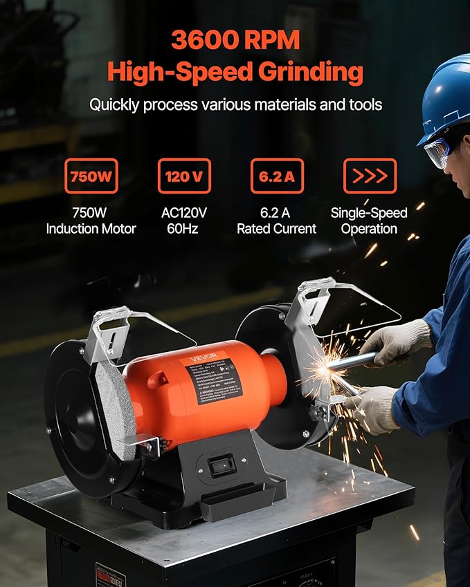 VEVOR Bench Grinder, 8-inch Single Speed Bench Grinder, 3450RPM High-Speed Table Grinders with 750W 6.2A Induction Motor, 36/60-Grit Grinding Wheel & Adjustable Eye Shield for Fast Sharpening Grinding