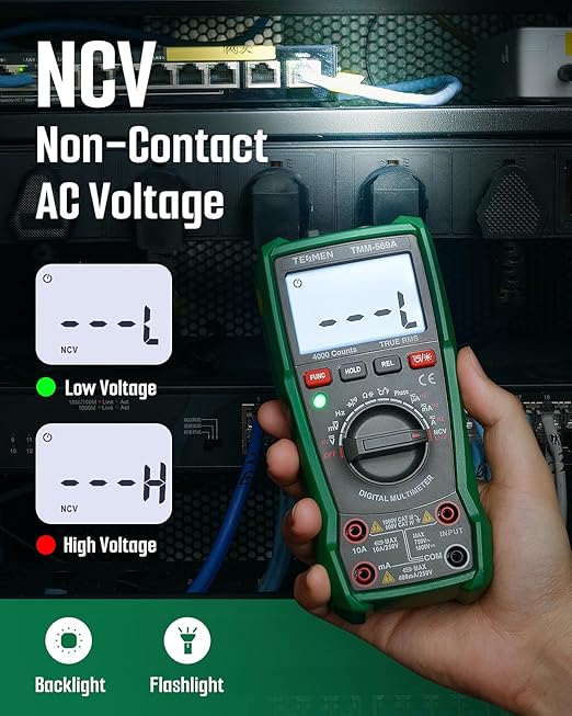 TESMEN TMM-569A Digital Multimeter, TRMS 4000 Counts Ohmmeter, Auto-Ranging Voltage Tester with NCV, Voltage & Current, Resistance, Continuity, Diode, Capacitance, Phase, Temperature, Live Wire -Green