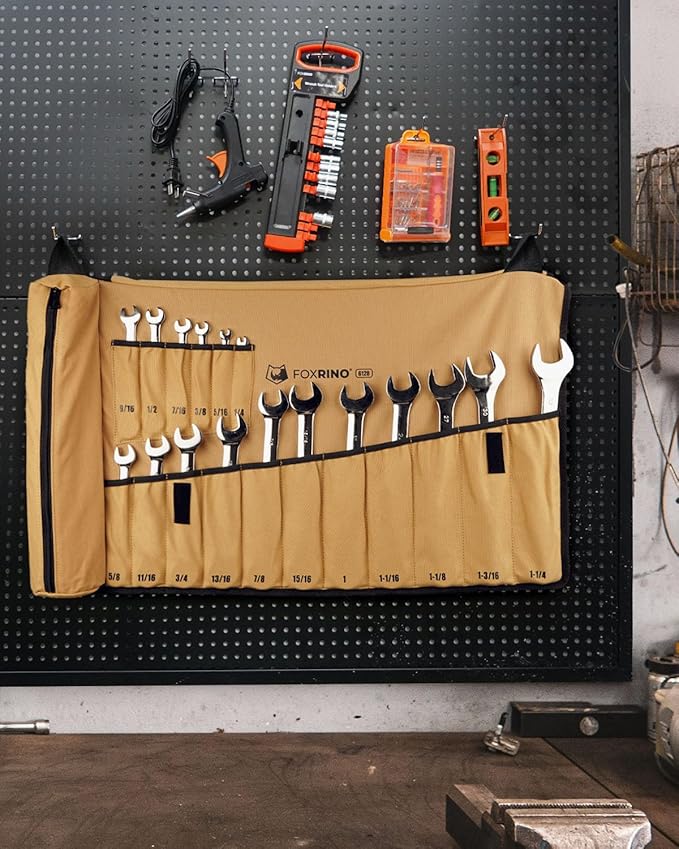 Wrench Roll, Wrench Roll Up Pouch, Gifts for Men Father Dad Mechanic, Heavy Duty Canvas Wrench Organizer Bag (Brown, 17+1 SAE)