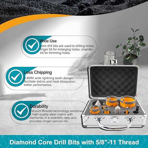 Daimond Tile Hole Saw Kit 10pcs - Diamond Core Drill Bits Set 6/6/8/19/35/50/65mm for Tile Porcelain Marble with 20mm Diamond Finger Bit and 50mm Chamfer Bit Trimming Holes & SDS Adapter