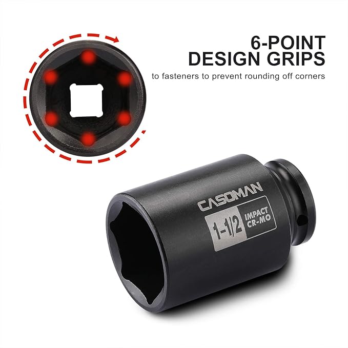 CASOMAN 6-Point 1/2-Inch Drive Deep Impact Socket- 1-1/2" (SAE), CR-MO, 1/2-inch Drive 6 Point Axle Nut Socket for Easy Removal of Axle Shaft Nuts (1-1/2")