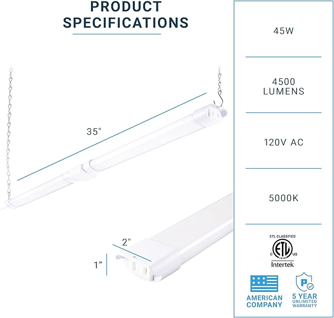 PARMIDA (4 Pack) Linkable LED Utility Shop Light, 45W, 3FT Integrated Fixture ETL 4500LM Plug-in Garage Lighting, On/Off Switch, Surface or Suspension Mount for Basement Workshop Office, White - 5000K