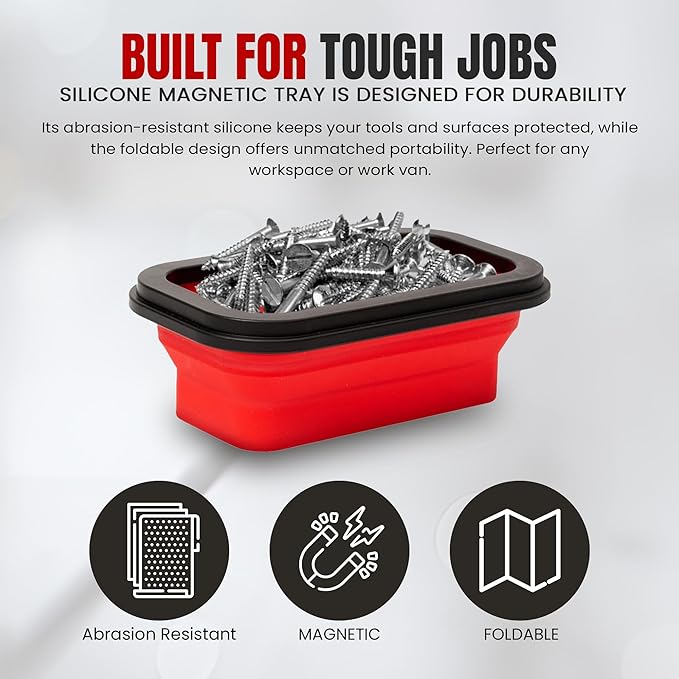 Collapsible Magnetic Tray Set of 3 Sizes – Foldable Silicone Tool Tray Organizer for Screws, Bolts, Nuts, Washers, Pins, & Small Metal Parts with Durable Magnetic Base (Red)