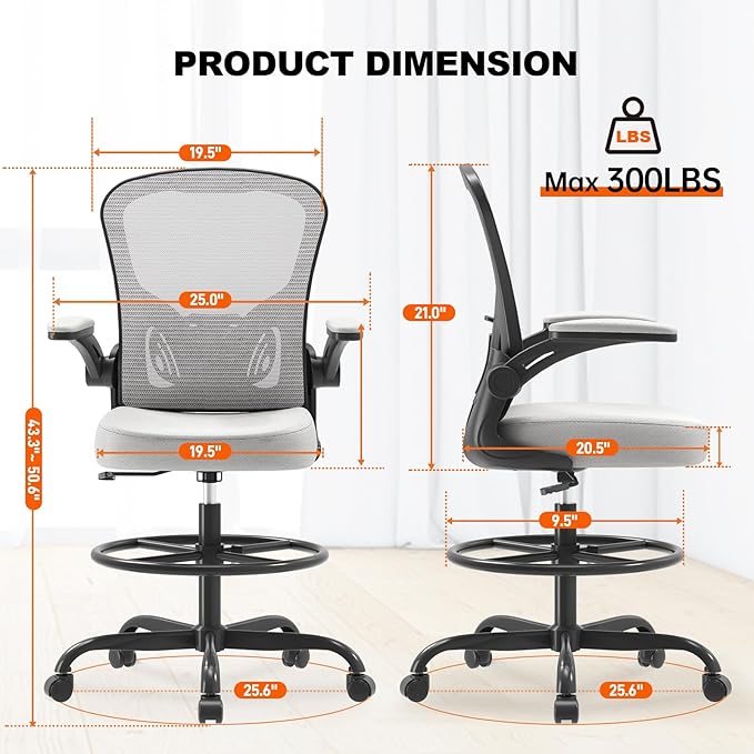 Synorla Ergonomic Drafting Chair, Tall Office Chair with Flip-up Armrests, Breathable Mesh High Desk Chair with Lumbar Support Adjustable Footrest Ring for Standing Desk, Home Office Studio