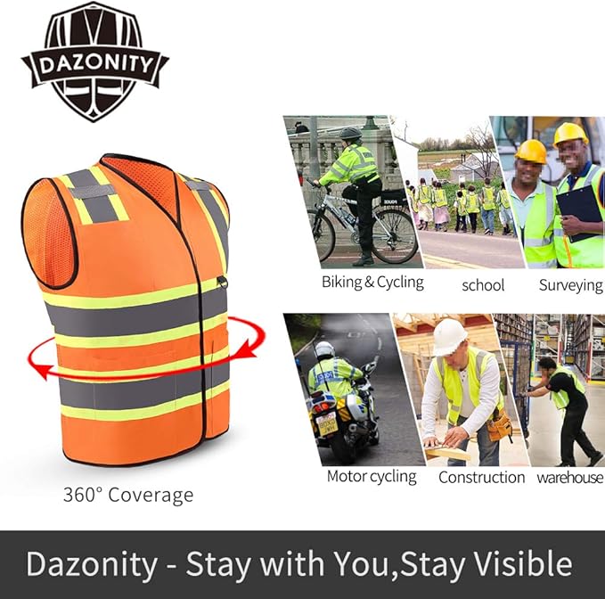 Dazonity High Visibility Safety Vest with Multi Pockets, Reflective Strips, Fit for Men & Women, Work, Construction,Cycling, Runnning, Surveyor, Volunteer (Yellow-3XL)