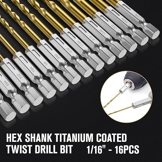 Hex Shank Drill Bit Set, 16Pcs 1/16" HSS Titanium Twist Drill Bit for Sheet Metal, Wood, Plastic, Quick Change Design