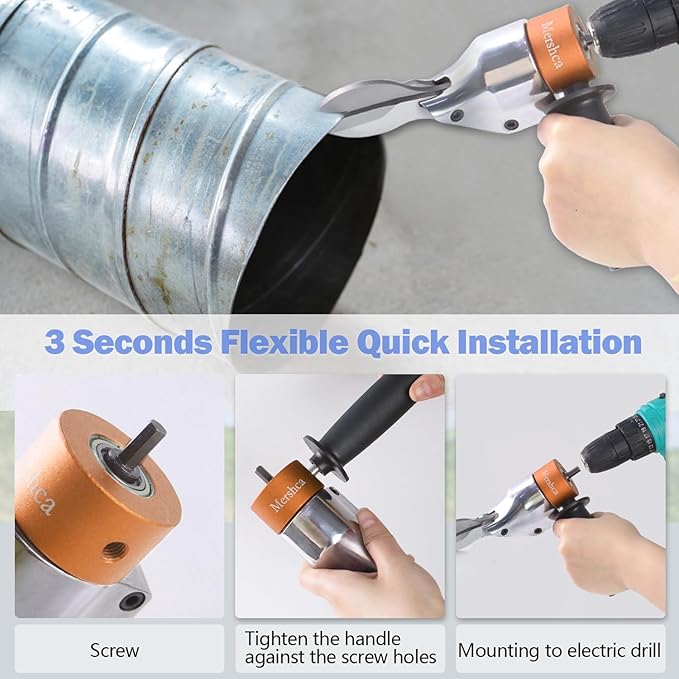 360° Pivoting Drill Metal Shear Attachment, Professional Power Tool Accessory for Cordless & Corded Drills, Heavy-Duty Metal Cutter for Iron, Aluminum & Copper Sheets with Adjustable Handle- O