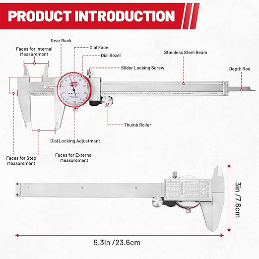 0-6" Range SAE Dial Caliper Measuring Tool, Analog Precision Micrometer Caliper ±0.001" Accuracy, Manual Mechanical Metal Stainless Steel Measuring Dial with 4-Way Measurements