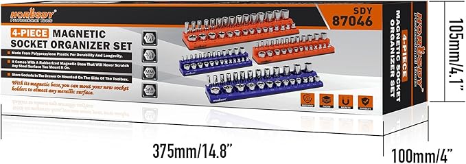 HORUSDY 4-Piece Magnetic Socket Organizer Set, Holds 1/4" & 3/8" SAE & Metric Standard/Deep Sockets, Strong Rubberized Magnetic Base, Durable Plastic Socket Holder for Toolbox & Workbench
